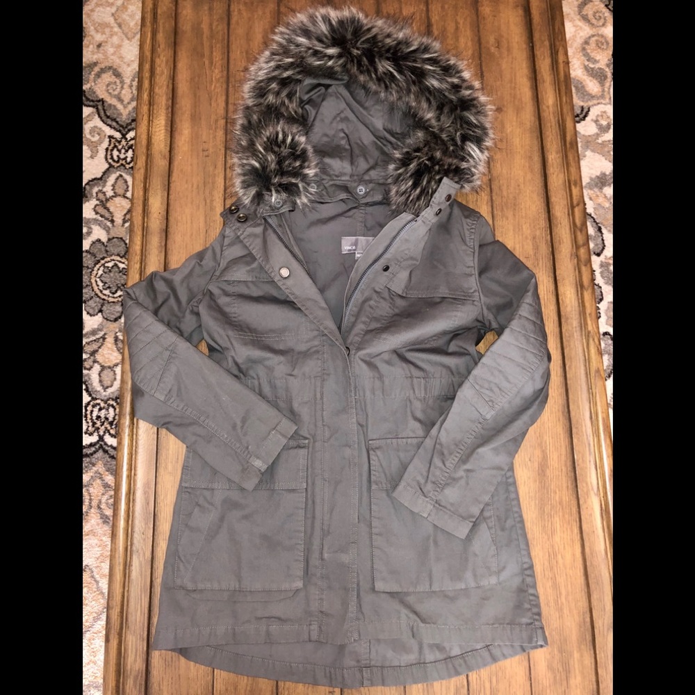VINCE Grey Jacket with Faux Fur (FITS LIKE AN XS)
